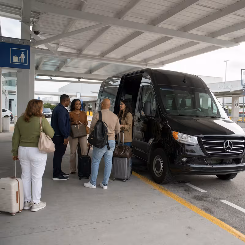 Group boarding a white charter bus for Airport Transportation transportation in Hialeah