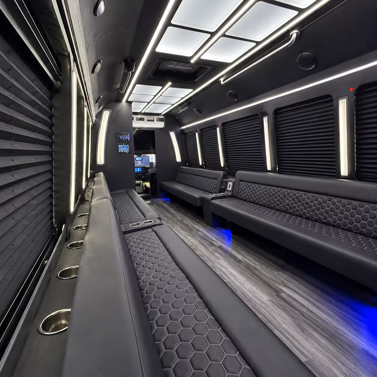 Interior of a party bus rental serving Hialeah