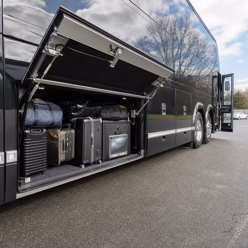 Party bus interior with wraparound leather seating and LED lighting in Hialeah