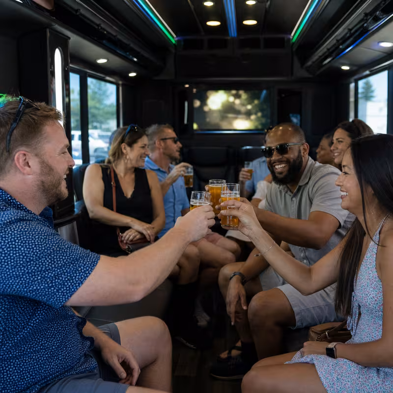 Group boarding a white charter bus for Winery & Brewery Tour Transportation transportation in Hialeah